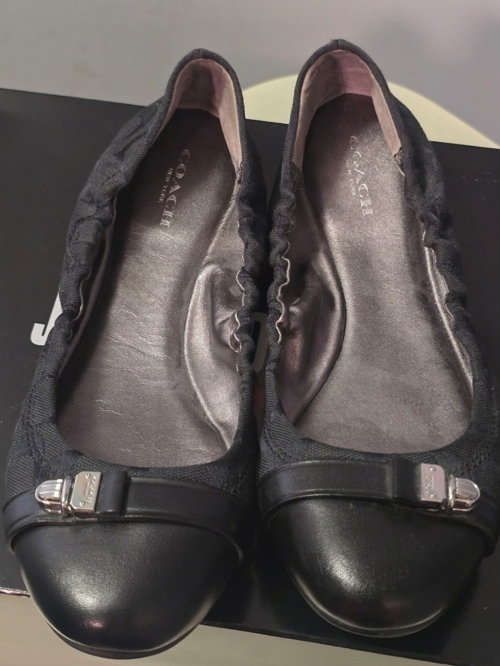 Coach Black Monogram Ballet Flats with Leather Cap Toe